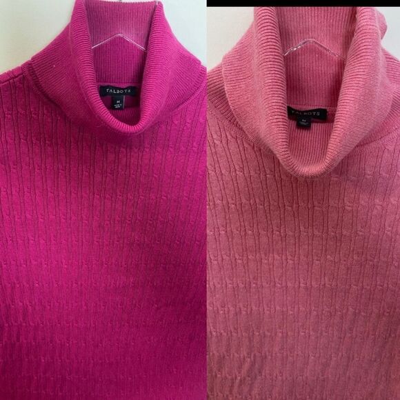 2 Talbots Turtleneck Cableknit Pullover Medium Coral and Hot Pink Cotton Blend - Picture 1 of 6